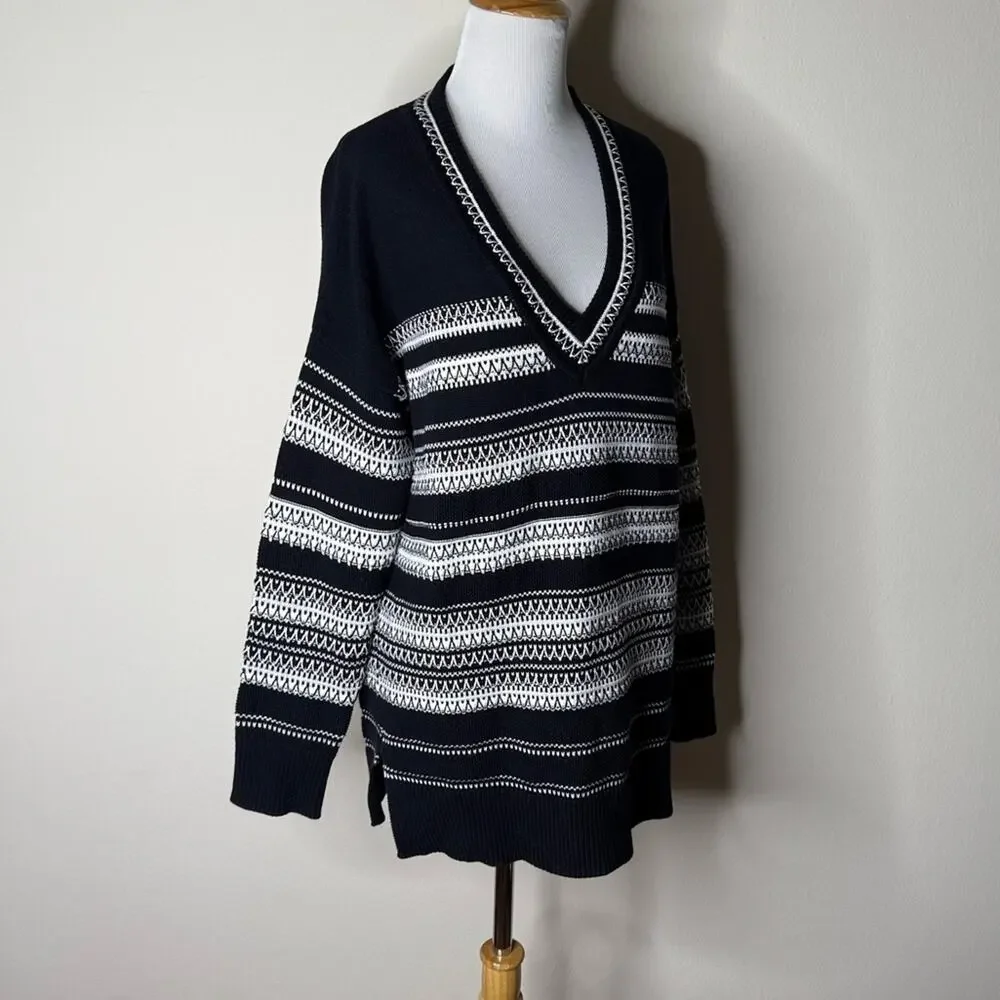 Vince Black and White Striped V-Neck Sweater